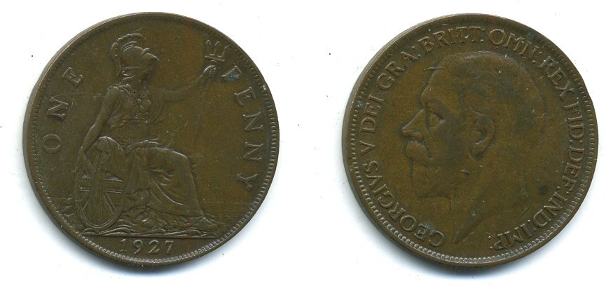 Великобритания 1 пенни 1927 Георг V (1910-1936) КМ 826, Spink 4054 бронза 37-1241
