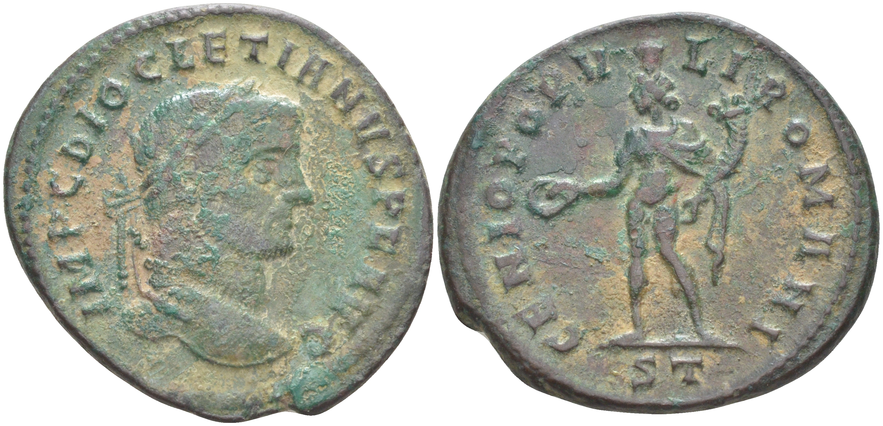 Римская Империя нуммий 295 - 296 Диоклетиан, бюст императора, IMP C DIOCLETIANVS P F AVG / Гений Римского народа, GENIO POPVLI ROMANI, Тицин (степень редкости - R5, из немецкой коллекции 1-й половины XX века) RIC 29а биллон 1073-23-61