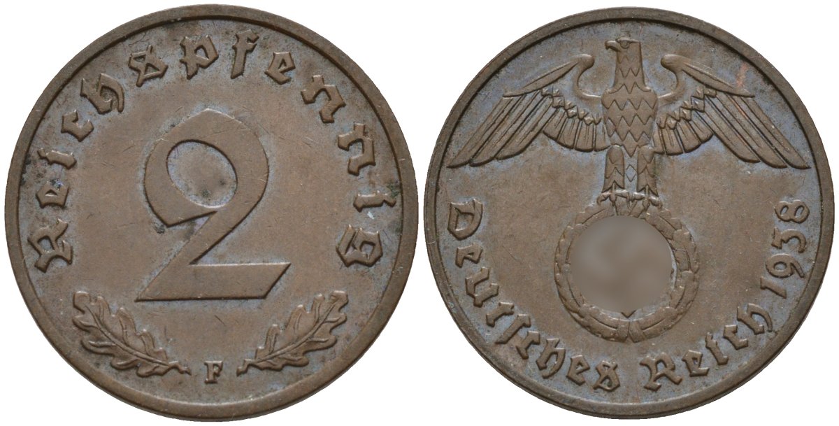Германия 2 рейхспфеннига 1938 F KM 90, J. 362 бронза 4151-117