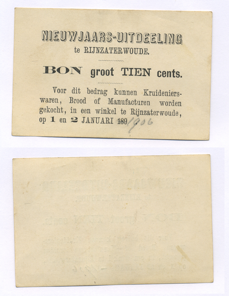 Нидерланды 10 центов 1906 на покупку товаров, бакалеи, гастрономии, хлеба, галантерии, новогодние скидки 1 и 2 января, частный выпуск   бумага  aUNC 444-21-2-1