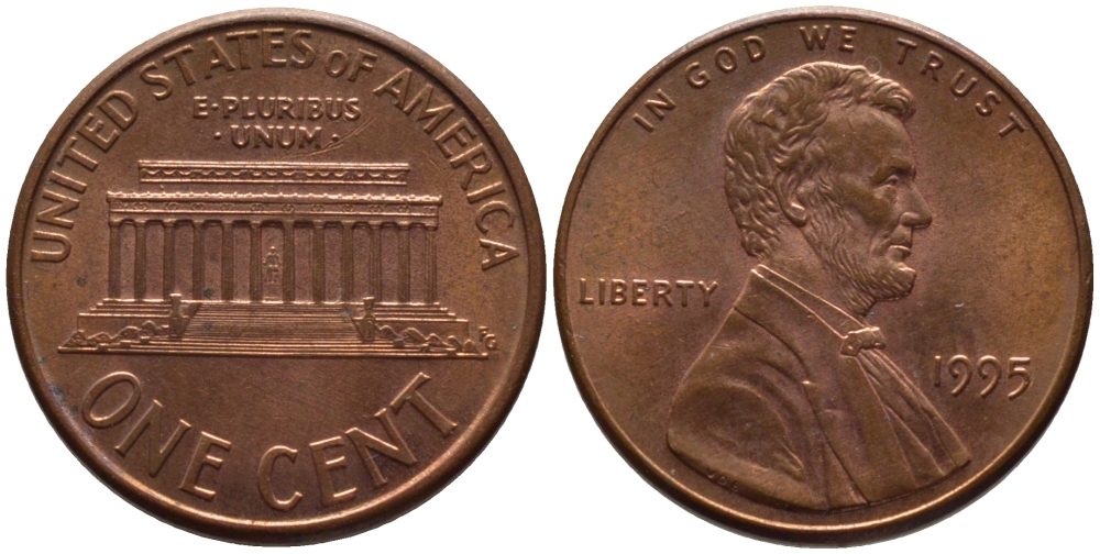 США 1 ЦЕНТ 1995 ЛИНКОЛЬН KM 201b цинк плакированный медью 66-1053