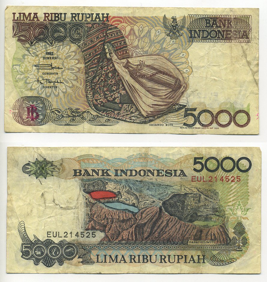 Индонезия 5000 рупий 1992/2000 Сасандо (музыкальный инструмент), гобелен (остров Роте), Келимуту (трехцветное озеро) Pick 130 i бумага 6301-5-2