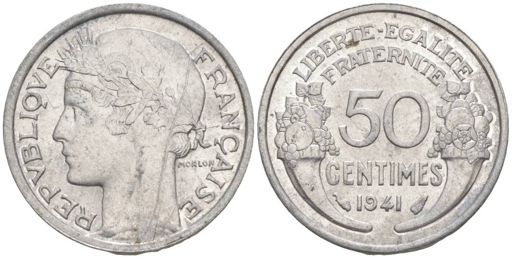 ФРАНЦИЯ 50 САНТИМОВ 1941 ТИП MORLON LOURDE KM 894.1a, LE FRANC 193.2 алюминий 44-221