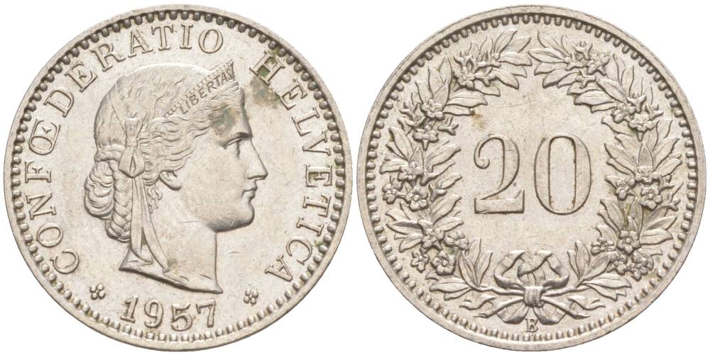 Швейцария 20 раппенов 1957 В KM 29a медно-никель 55-742