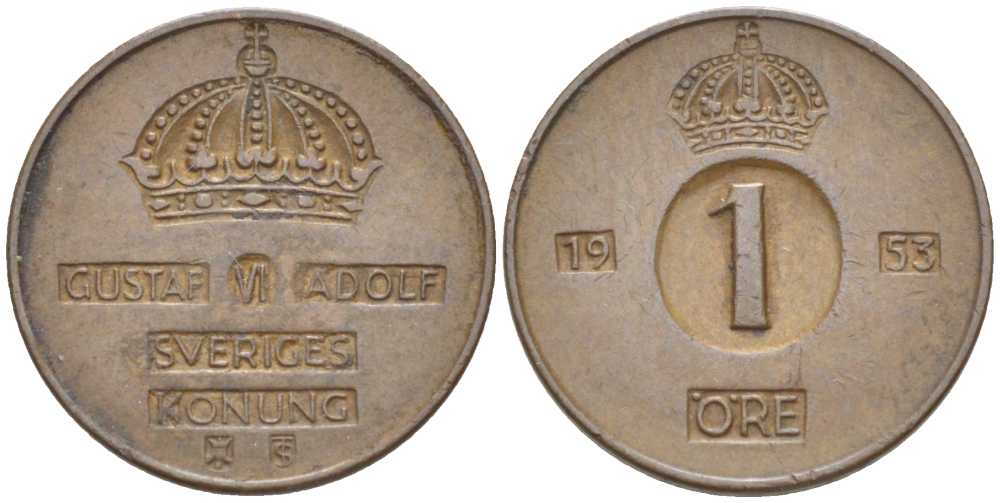 Швеция 1 эре 1953 TS, Густав VI Адольф (1950-1973) KM 820 бронза 176-624