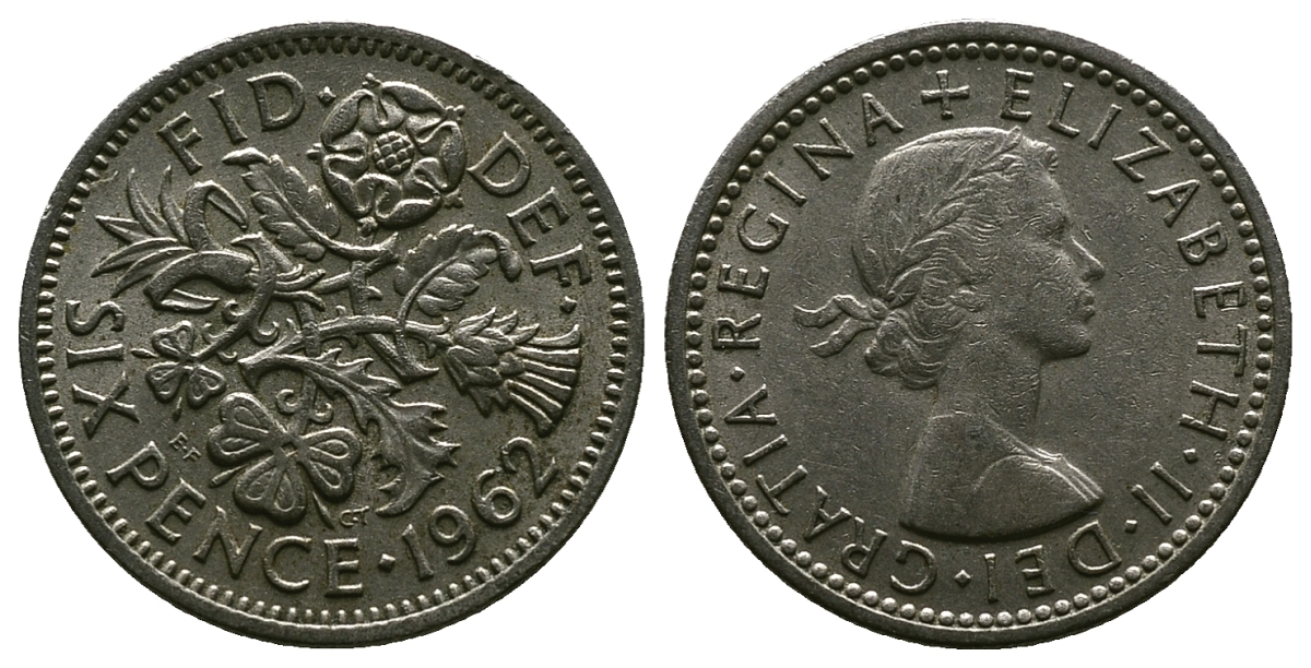 Великобритания 6 пенсов 1962 Елизавета II (1952-2022) KM 903, Spink 4149 медно-никель 4381-754