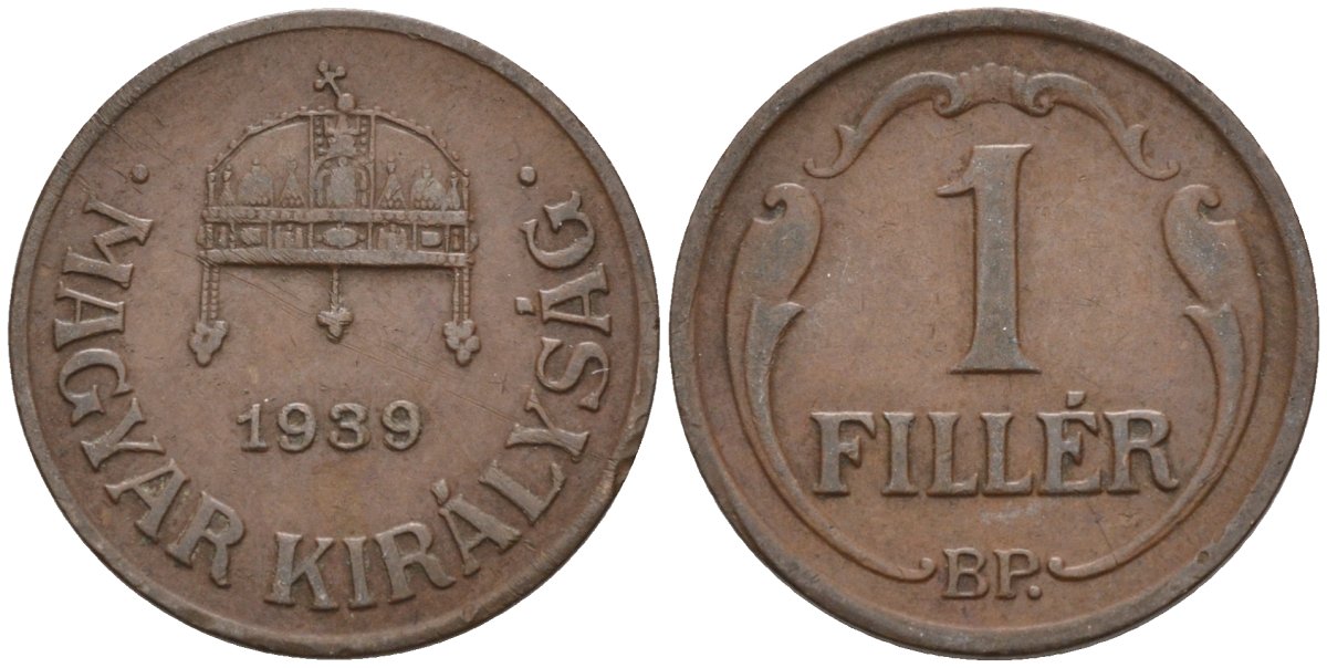 Венгрия 1 филлер 1939 BP KM 505 бронза 4115-1035