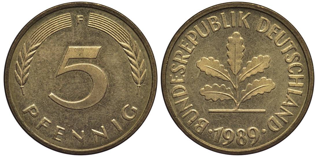 ФРГ 5 ПФЕННИГОВ 1989 F KM 107, Jager 382 сталь плакированная латунью 4547-763