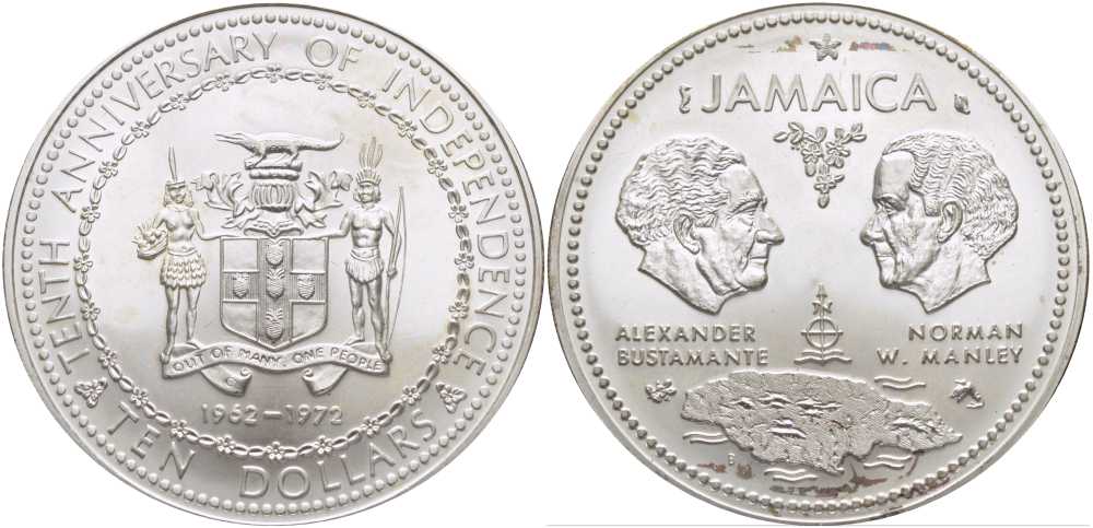 Ямайка 10 долларов 1972 10 годовщина независемости, Александр Бустаманте и Норман Мэнли KM 60 серебро  UNC 00-000-00