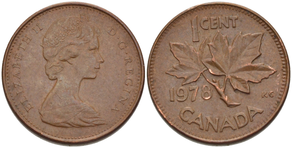 Канада 1 цент 1978 Елизавета II (1952-2022), кленовый лист KM 59.1 бронза 71-851