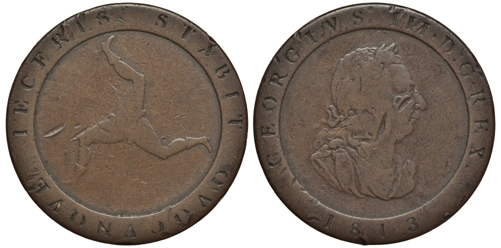 ОСТРОВ МЭН 1/2 ПЕННИ 1813 ГЕОРГ III KM 10 медь 650-131