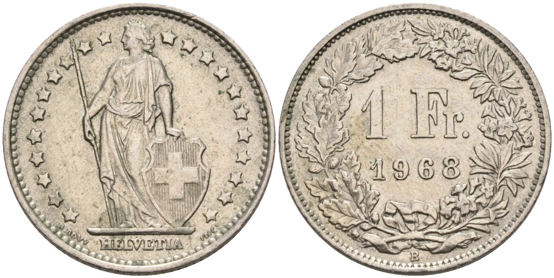 Швейцария 1 франк 1968 В KM 24а медно-никель 190-656
