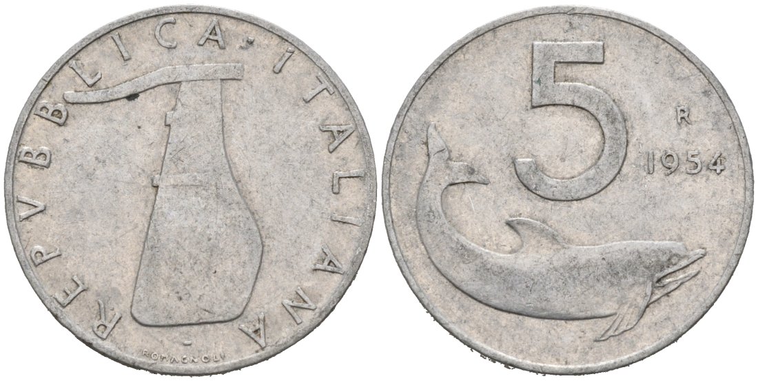 Италия 5 лир 1954 R, руль, дельфин KM 92 алюминий 4567-345