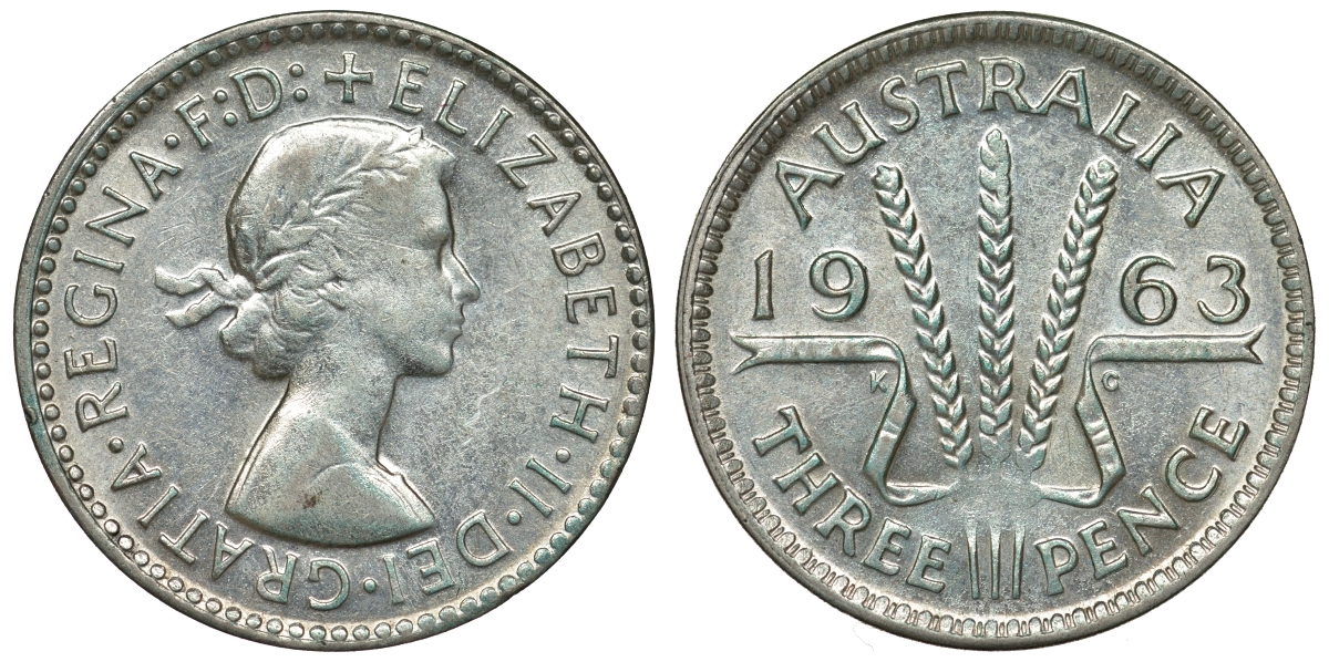 Австралия 3 пенса 1963 m, Елизавета II (1952-2022) KM 57 серебро 71-914