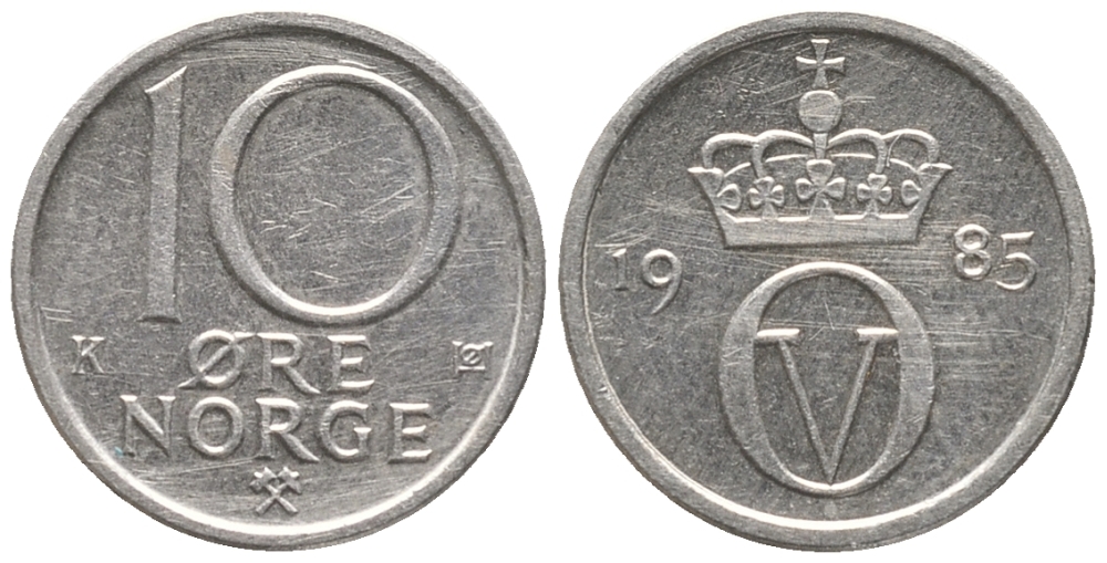 НОРВЕГИЯ 10 ЭРЕ 1985 УЛАФ V (1957-1991) KM 416 медно-никель 100-1216
