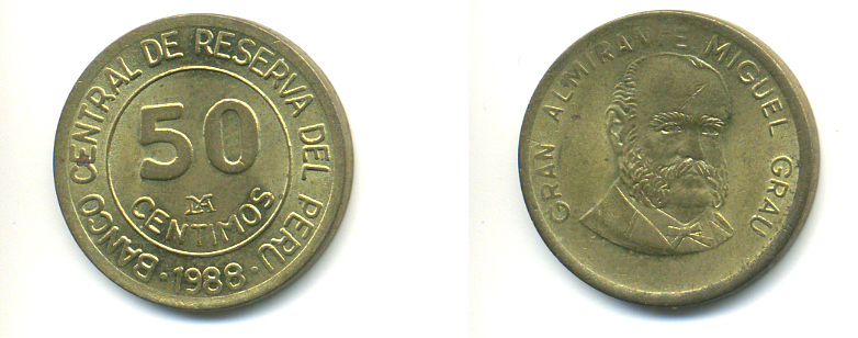 ПЕРУ 50 СЕНТИМО 1988 LIMA, МАНУЭЛЬ ГРАУ KM 295 латунь 89-1433