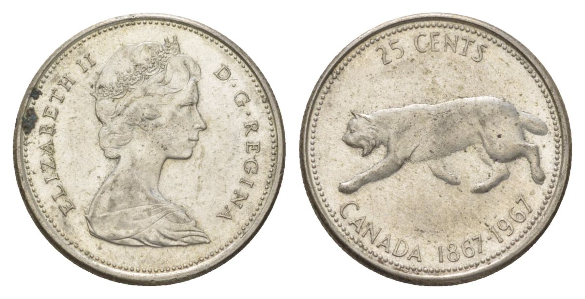 Канада 25 центов 1967 пума, 100 лет Конфедерации Канада, Ссеребро 0.800, вес 5,83 гр, диаметр 23,88 мм KM 67 серебро 4622-914