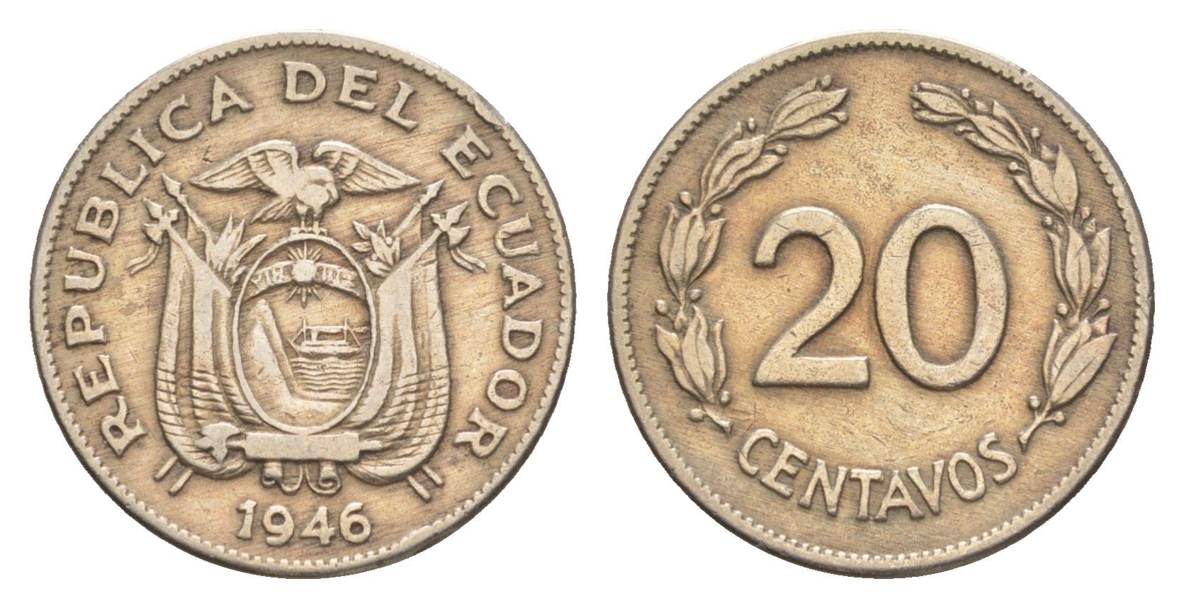 Эквадор 20 сентаво 1946 KM 77.1b медно-никель 4640-1224