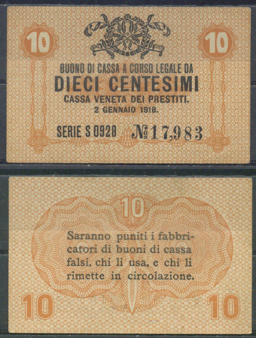 Италия 10 чентезимо 1918 	Венецианский ссудный банк Pick M2 бумага aUNC 7554-4-1-2