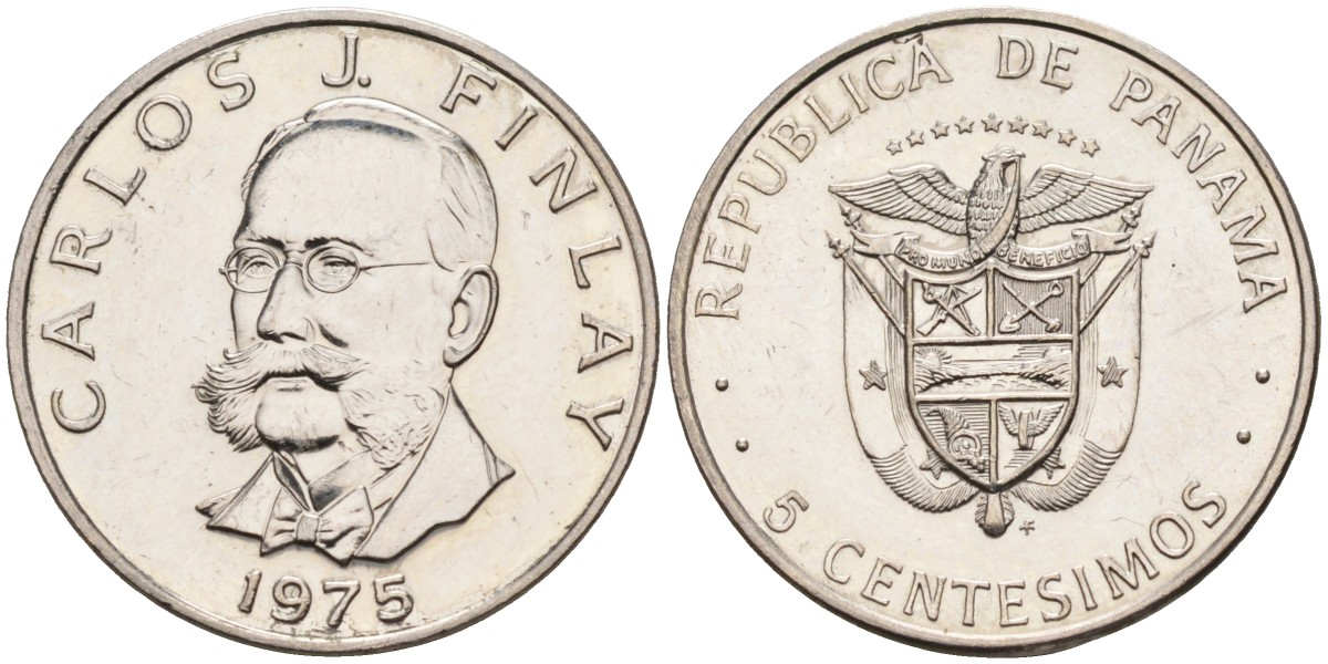 Панама 5 сентесимо 1975 Карлос Хуан Финлей KM 35.1 медь плакированная медно-никелем 4588-915