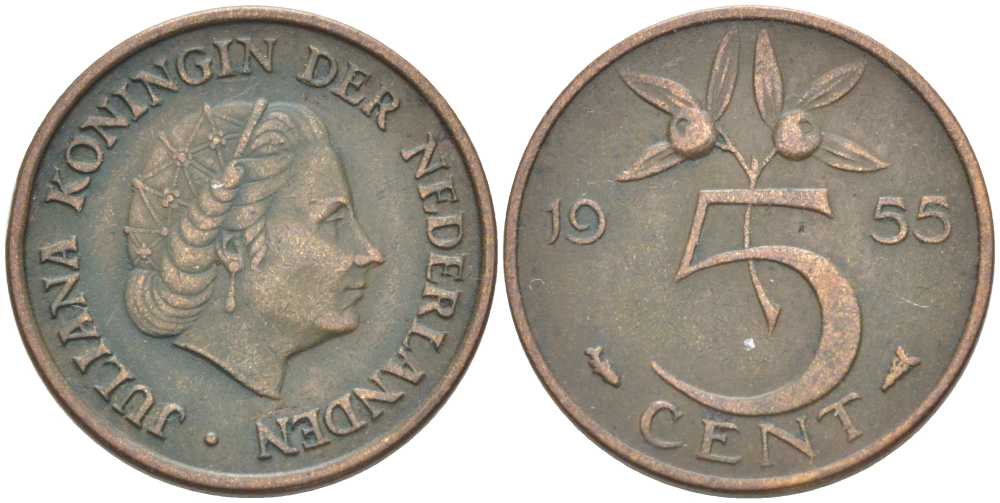 НИДЕРЛАНДЫ 5 ЦЕНТОВ 1955 ЮЛИАНА (1948-1980) KM 181 бронза 213-1023