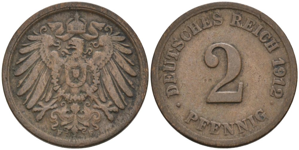 Германия 2 пфеннига 1912 F KM 16, J. 11, Weege 4 медь 4573-1157