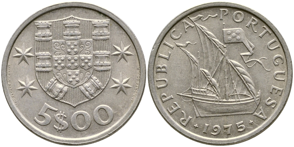ПОРТУГАЛИЯ 5 ЭСКУДО 1975 ПАРУСНИК KM 591 медно-никель 4388-513