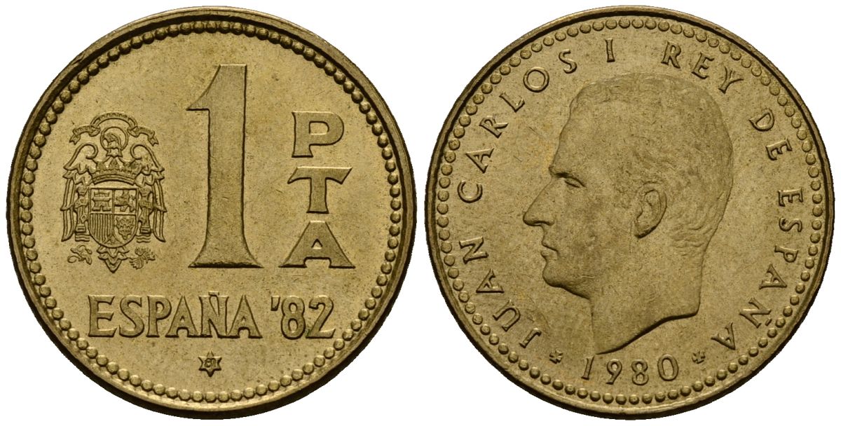 Испания 1 песета 1980 Чемпионат мира по футболу в Испании 1982 года, Хуан Карлос I (1975-2014) KM 816 алюминиевая бронза 4176-423