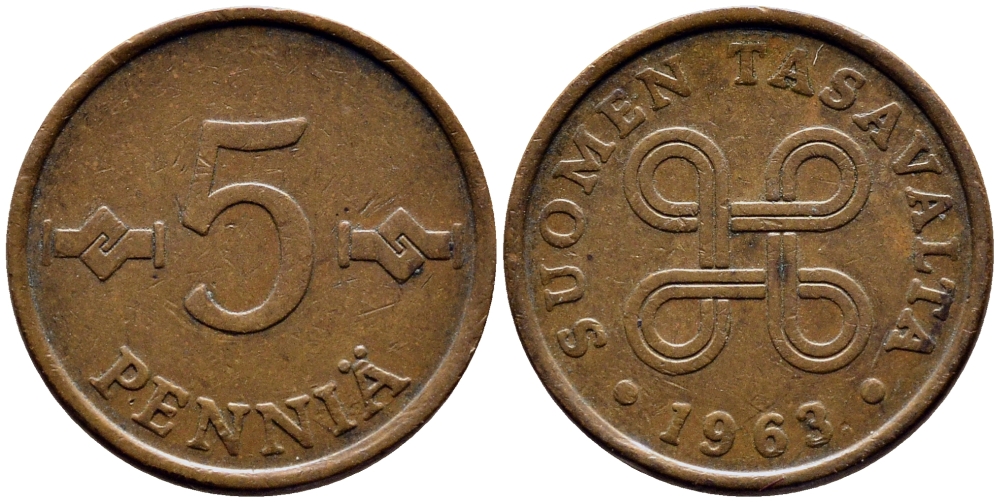 ФИНЛЯНДИЯ 5 ПЕННИ 1963 ПЕРВЫЙ ГОД KM 45 медь 71-1537