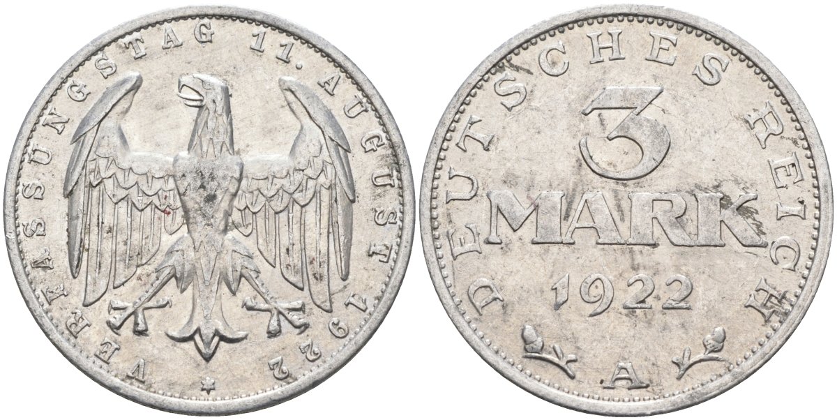 Германия 3 марки 1922 A, третья годовщина Веймарской Конституции KM 29, J.303 алюминий 4587-333
