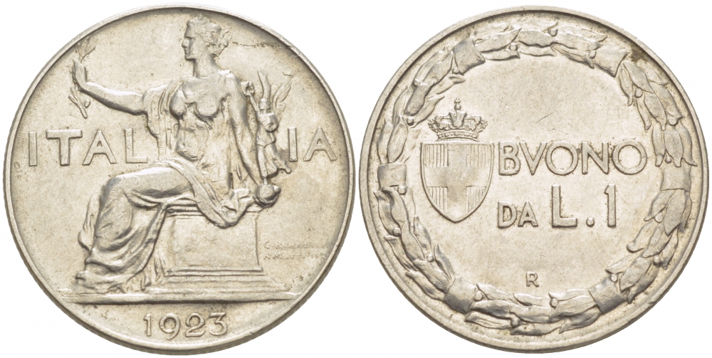 ИТАЛИЯ 1 ЛИРА 1923 R, ВИКТОР ИМАНУИЛ III KM 62 никель 3718-555