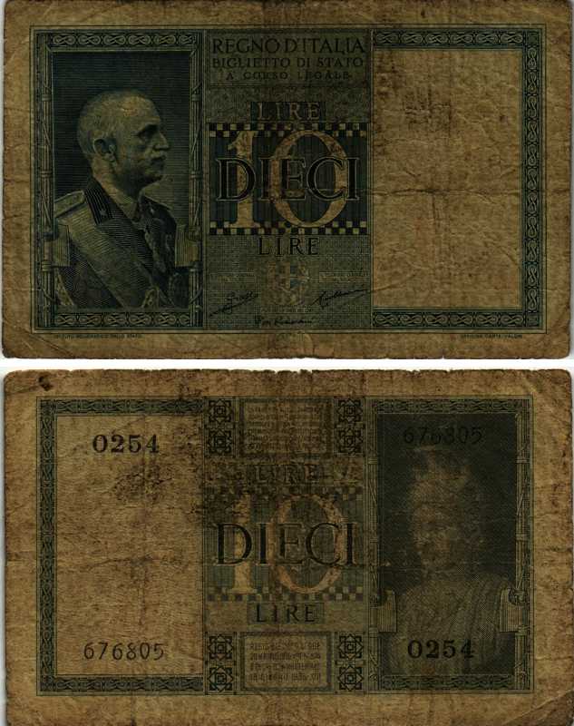 Италия 10 лир 1935 Король Виктор Эммануил III Rosi Bernardini Pick 25a бумага 7484-5-1