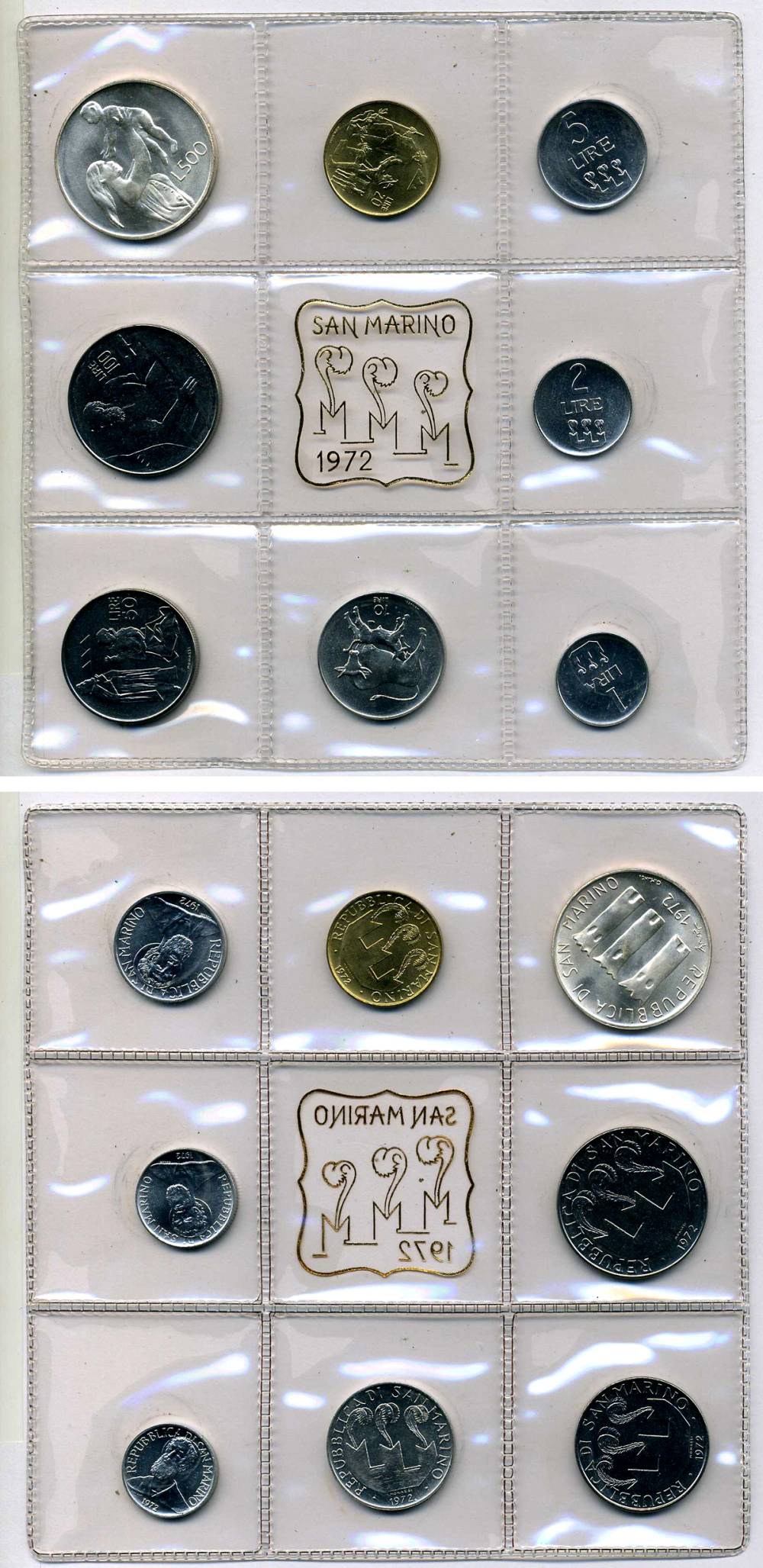 Сан-Марино годовой набор из 8 монет 1972 1, 2, 5, 10, 20, 50, 100 и 500 лир мать поднимает ребенка в воздух KM 14-21, в оригинальной пластиковой запайке серебро KM MS1 серебро UNC 3-4-5-2