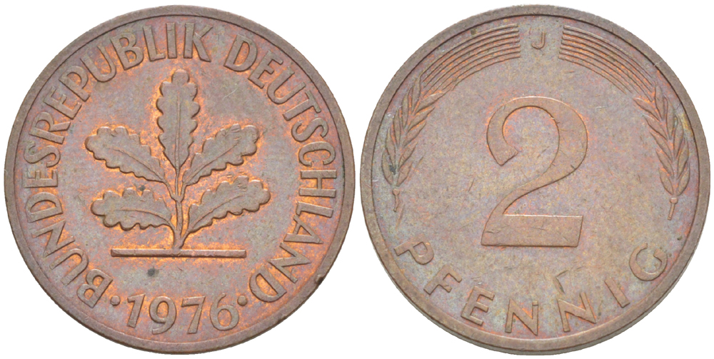 ФРГ 2 ПФЕННИГА 1976 J KM 106а, J. 381а сталь плакированная сталь плакированная медьюю 4181-818