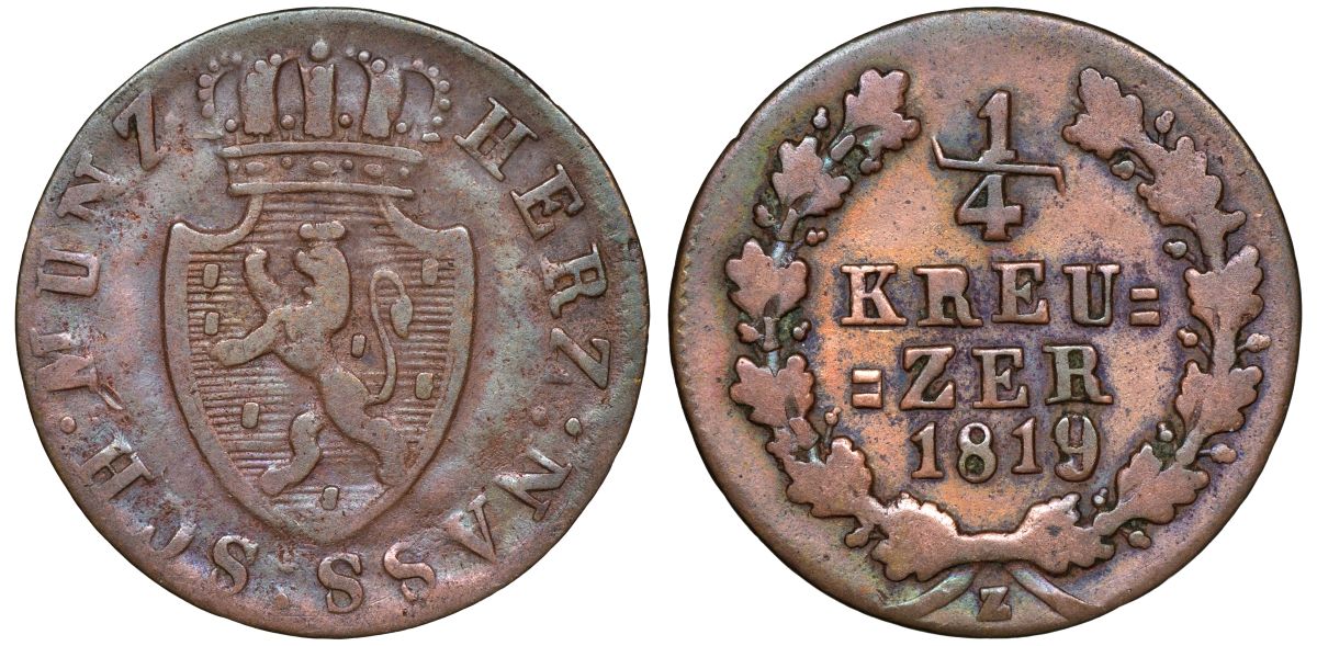 Нассау 1/4 крейцера 1819 Z, Вильгельм I (1816-1839) KM 42 медь    188-444