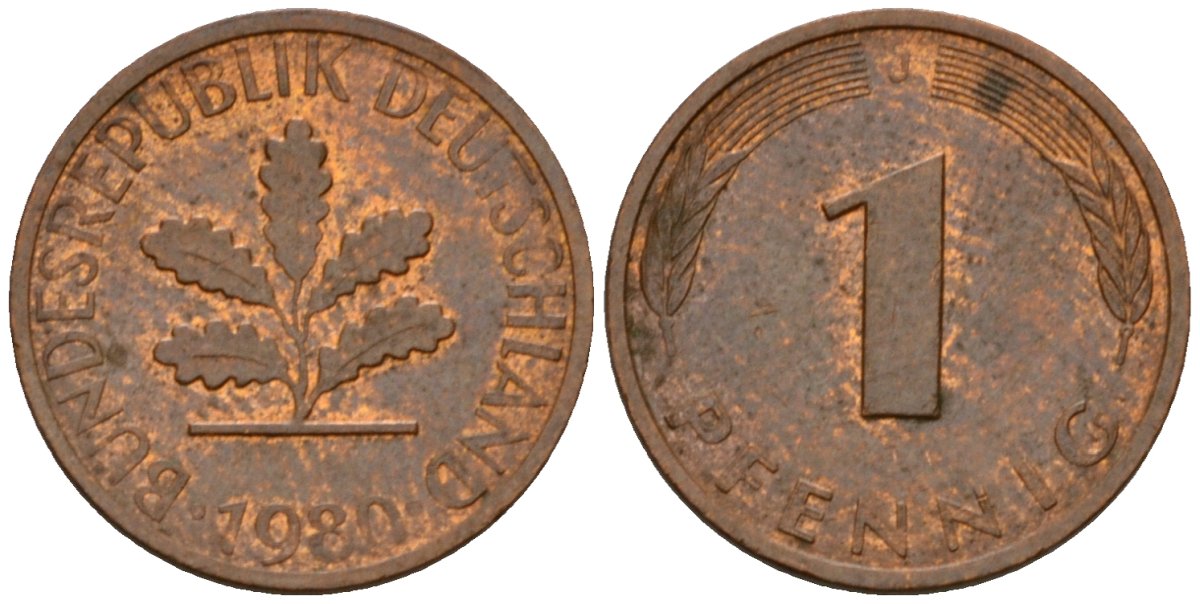 ФРГ 1 пфенниг 1980 J KM 105, J.380 сталь плакированная медью 4602-758