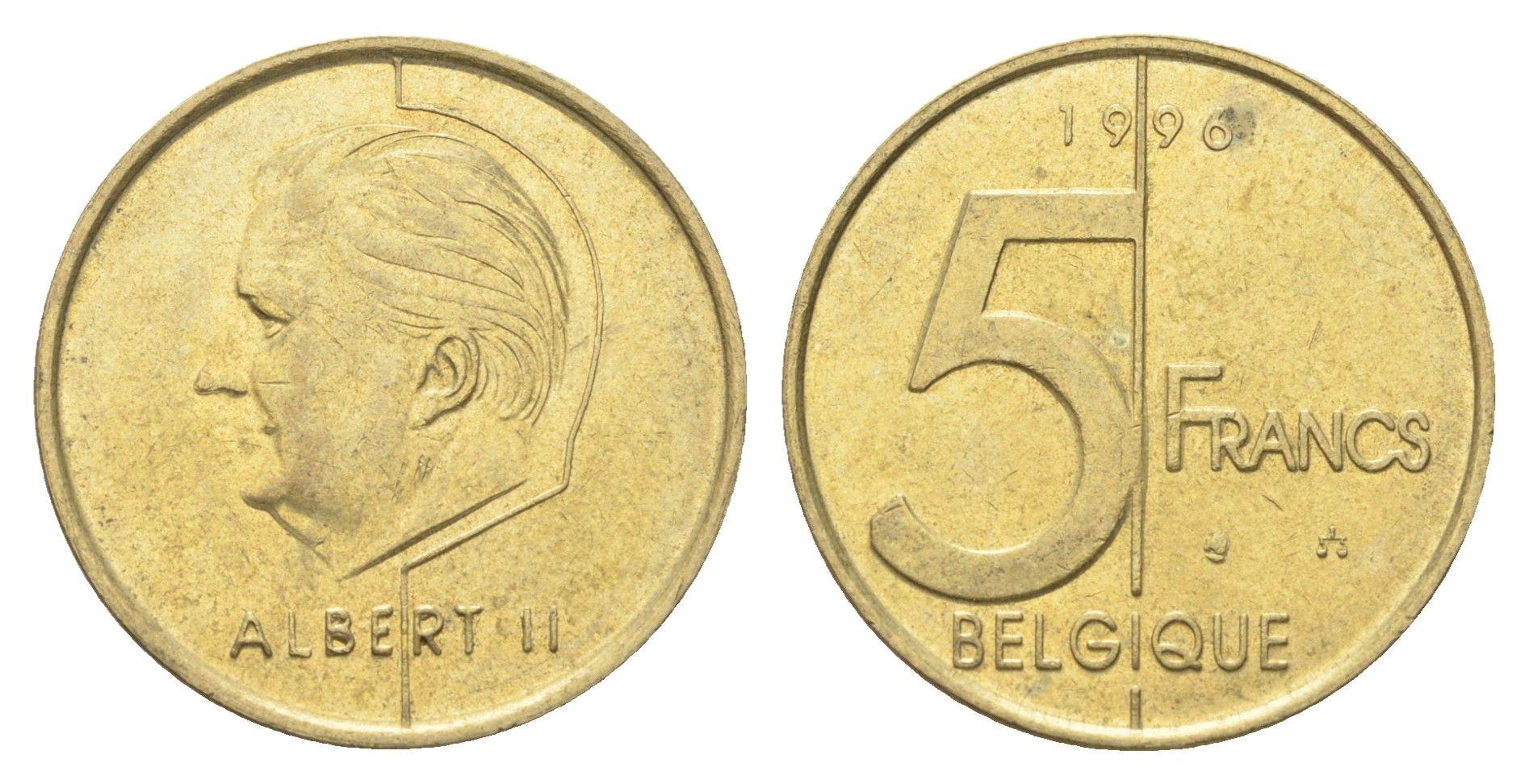 Бельгия 5 франков 1996 Belgique, Альберт II KM 189 алюминиевая бронза 4706-353