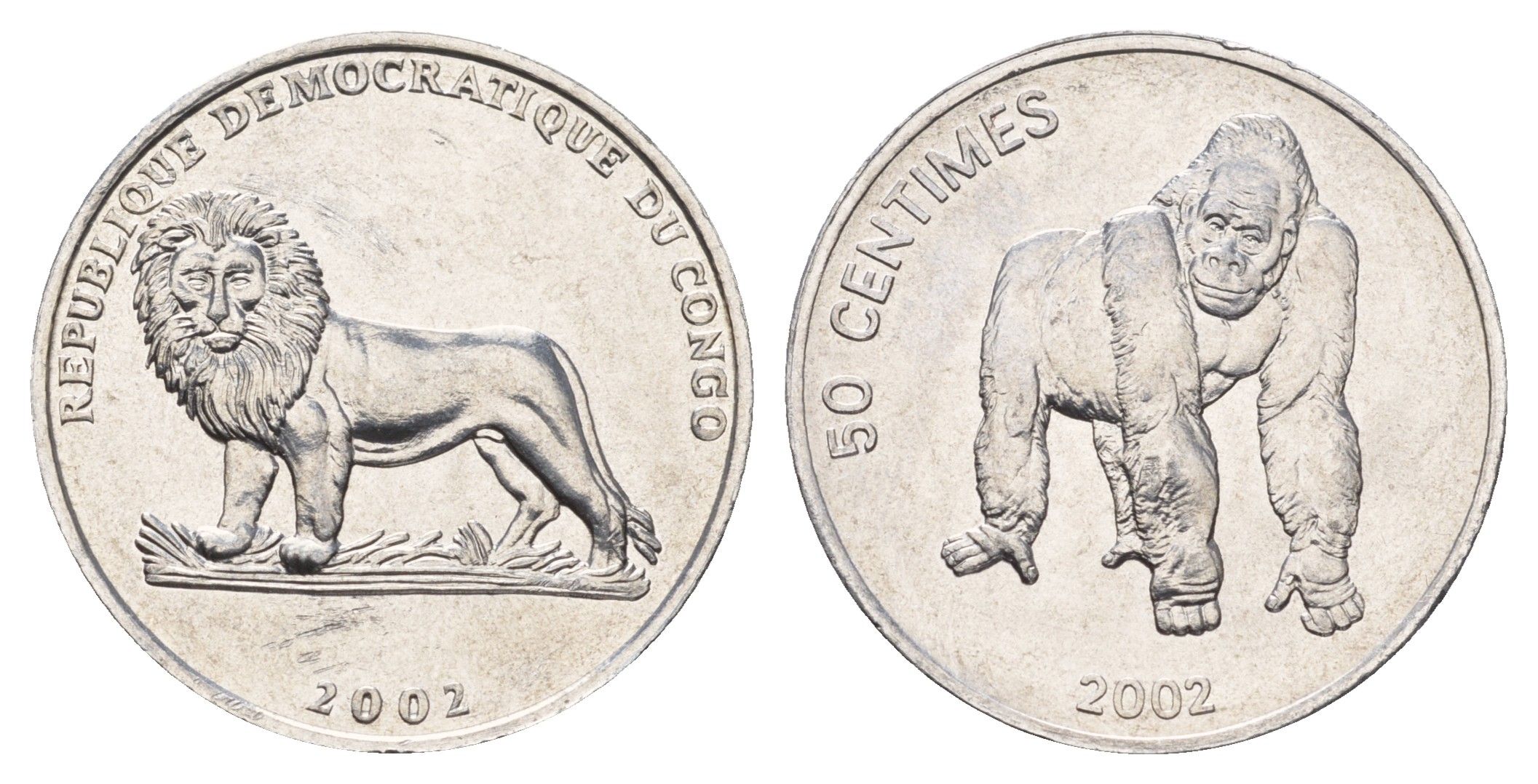 ДР Конго 50 сантимов 2002 Животные - Горилла KM 79 алюминий UNC 4678-125