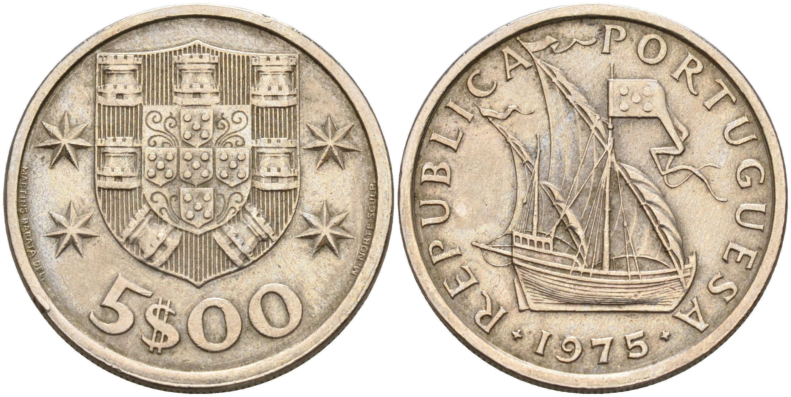 Португалия 5 эскудо 1975 парусник KM 591 медно-никель    4161-756