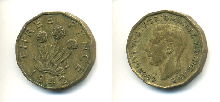 Великобритания 3 пенса 1942 Георг VI (1936-1952) KM 849, Spink 4112 никель латунь 80-1051