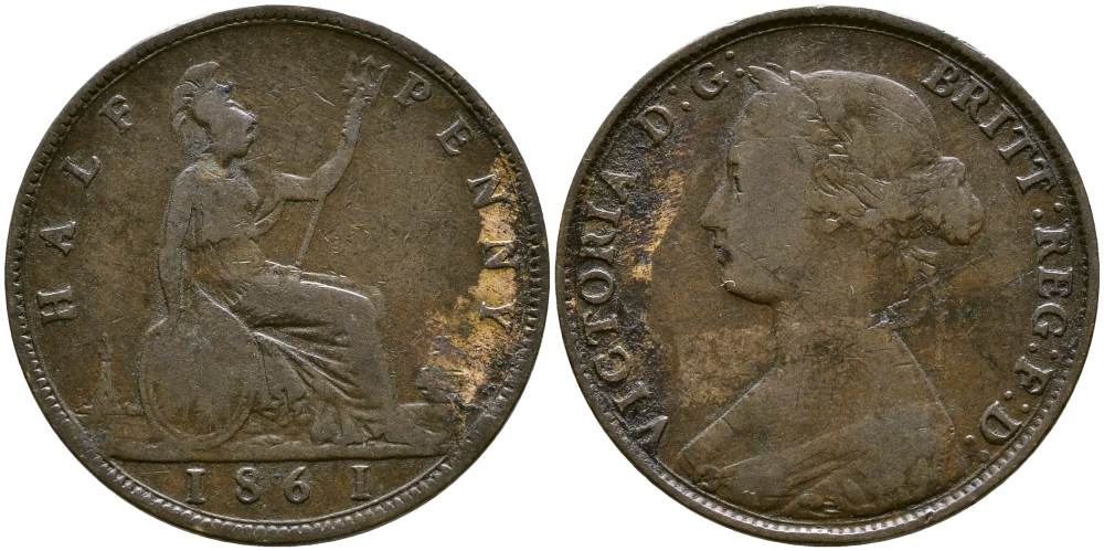Великобритания 1/2 пенни 1861 Виктория (1837-1901) KM 748.2, Spink 3956 бронза 3999-742