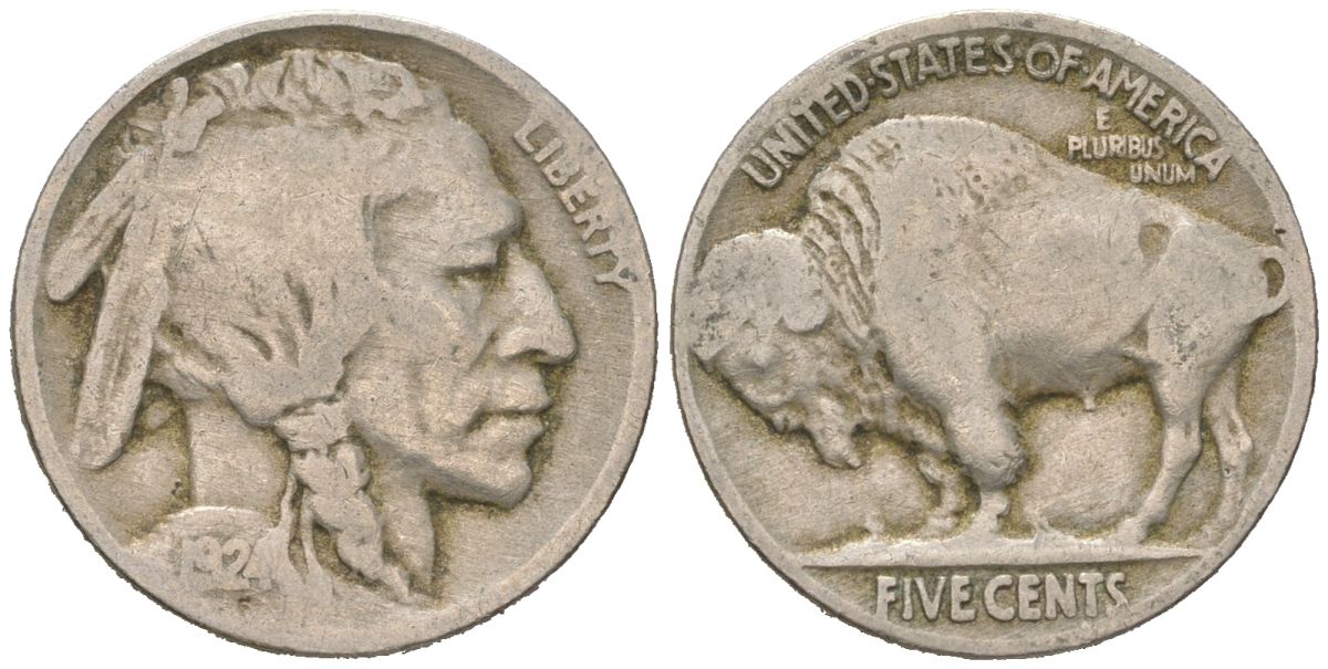 США 5 центов 1924 индеец, бизон KM 134 медно-никель 4614-1057