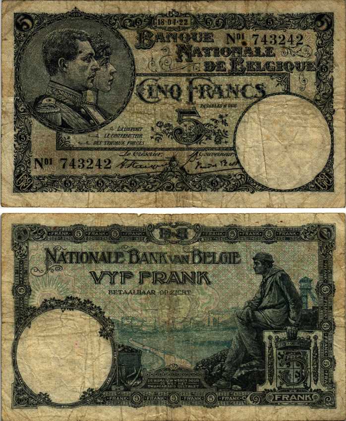 БЕЛЬГИЯ 5 ФРАНКОВ 1922 18 АПРЕЛЯ 1922, КОРОЛЬ АЛЬБЕРТ И КОРОЛЕВА ЕЛИЗАВЕТА Pick 93 бумага 7214-47-2-2