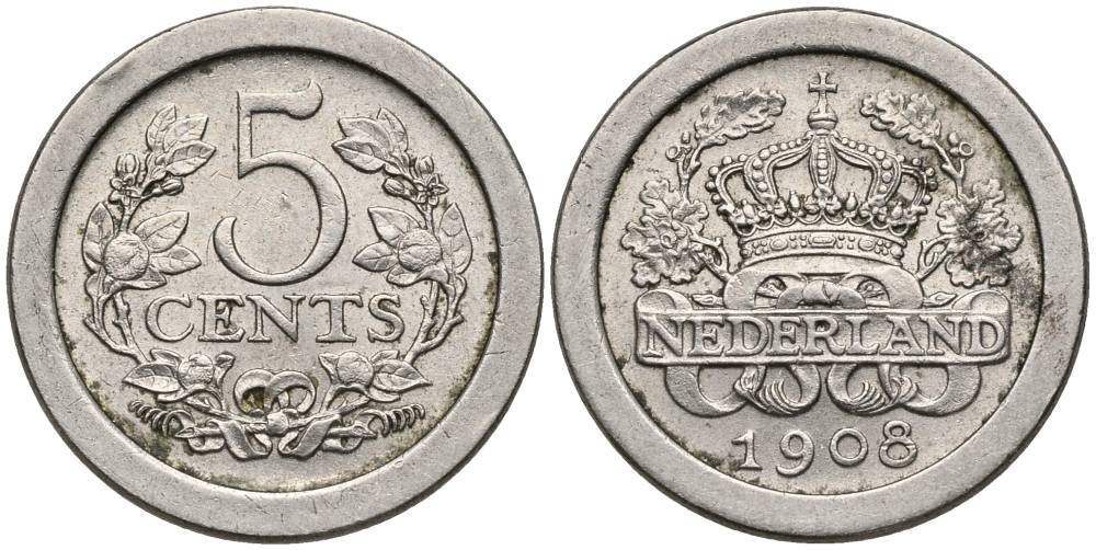 НИДЕРЛАНДЫ 5 ЦЕНТОВ 1908 ВИЛЬГЕЛЬМИНА I (1890-1948) KM 137 медно-никель XF 4549-1034