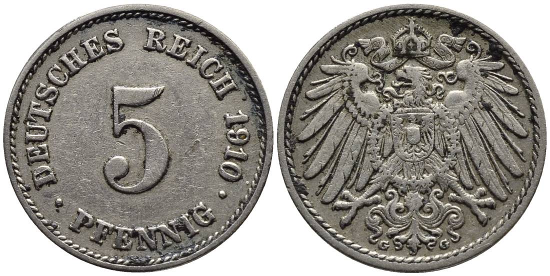 Германия 5 пфеннигов 1910 G KM 11, Jager 12, Weege 6 медно-никель 4547-519