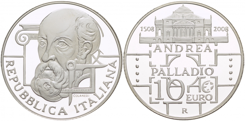 Италия 10 евро 2008 500 лет со дня рождения Андреа Палладио KM 305 серебро PROOF 01-146-24