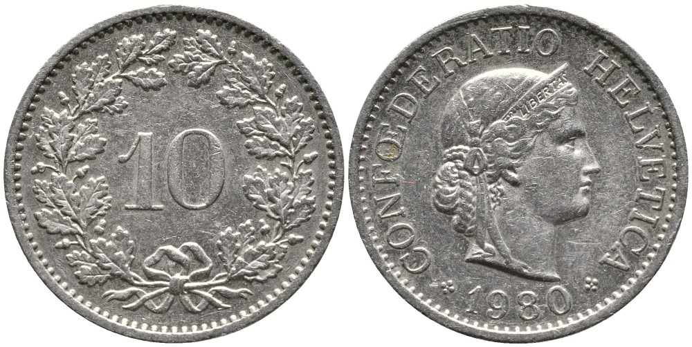 Швейцария 10 раппенов 1980 KM 27 медно-никель 4539-522