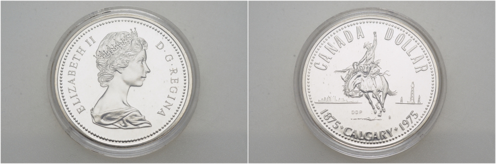 Канада 1 доллар 1975 100 лет Калгари (1875-1975), родео на лошадях, ковбой KM 97 серебро UNC 1087-6-24