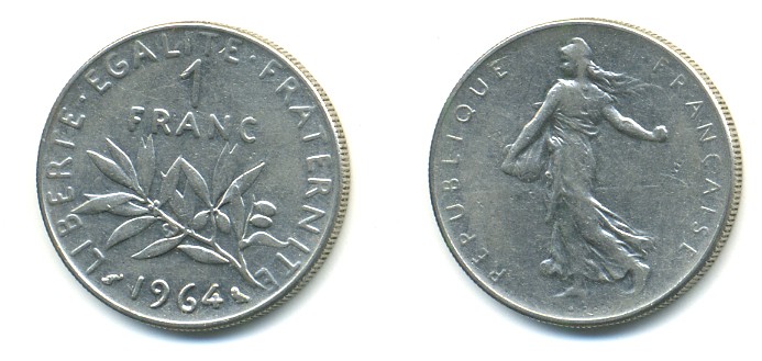 Франция 1 франк 1964 сеятель KM 925.1, Le Franc 226.8 никель 57-117