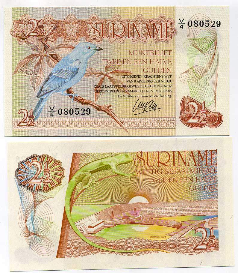Суринам 2 1/2 гульдена 1985 голубая танагра, дамба Pick 119 a бумага UNC (пресс) 445-56-1